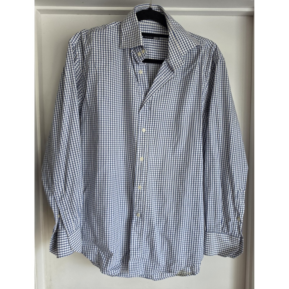 Paoloni Button-Up Shirt Men Long Sleeve Check White Blue Business Casual